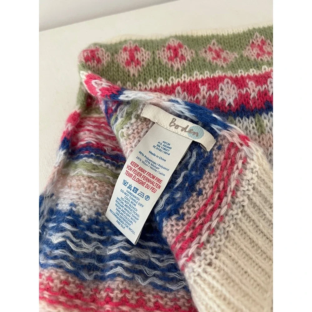 Boden Scarf Cream Fair Isle Mohair Wool Blend Knit Long Winter Scarf
